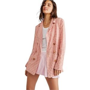 Free People Pink & Cream Olivia Gingham Blazer Womens L